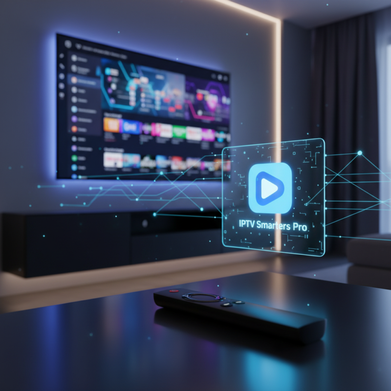 Die Benutzeroberfläche von IPTV Smarters Pro wird auf einem Fernseher mit einem Amazon Fire TV Stick im Hintergrund angezeigt.